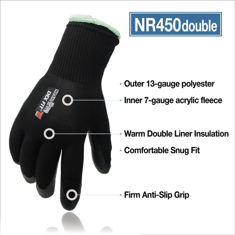 DEX FIT NR450 Double Lined Warm Fleece Work Gloves, Insulated, Comfortable Fit, Firm Grip, Lightweight, Durable Water-Based Nitrile Rubber Coated, Machine Washable; Black L (9) 2 Pairs - Image 2